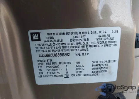 2006 Buick Rendezvous Cx/Cxl из США, поврежденный, VIN 3G5DB03L06S606862